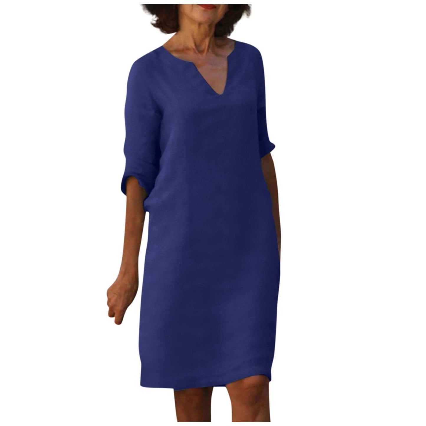 Damen Kleid aus Baumwolle und Leinen mit V-Ausschnitt und hoher Taille, Retro-Stil, reine Farbe, 34 Ärmel