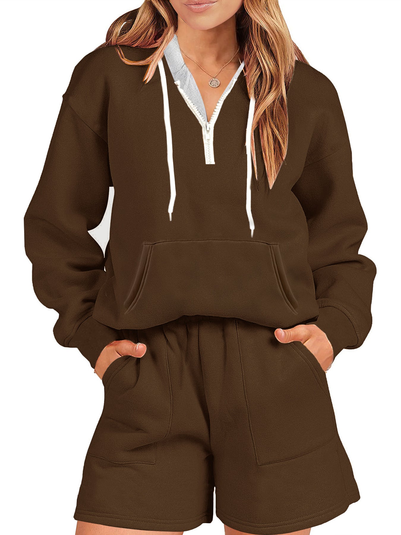 Damen Sport-Stil Fleece und Shorts Anzug zu Hause zweiteiliges Set