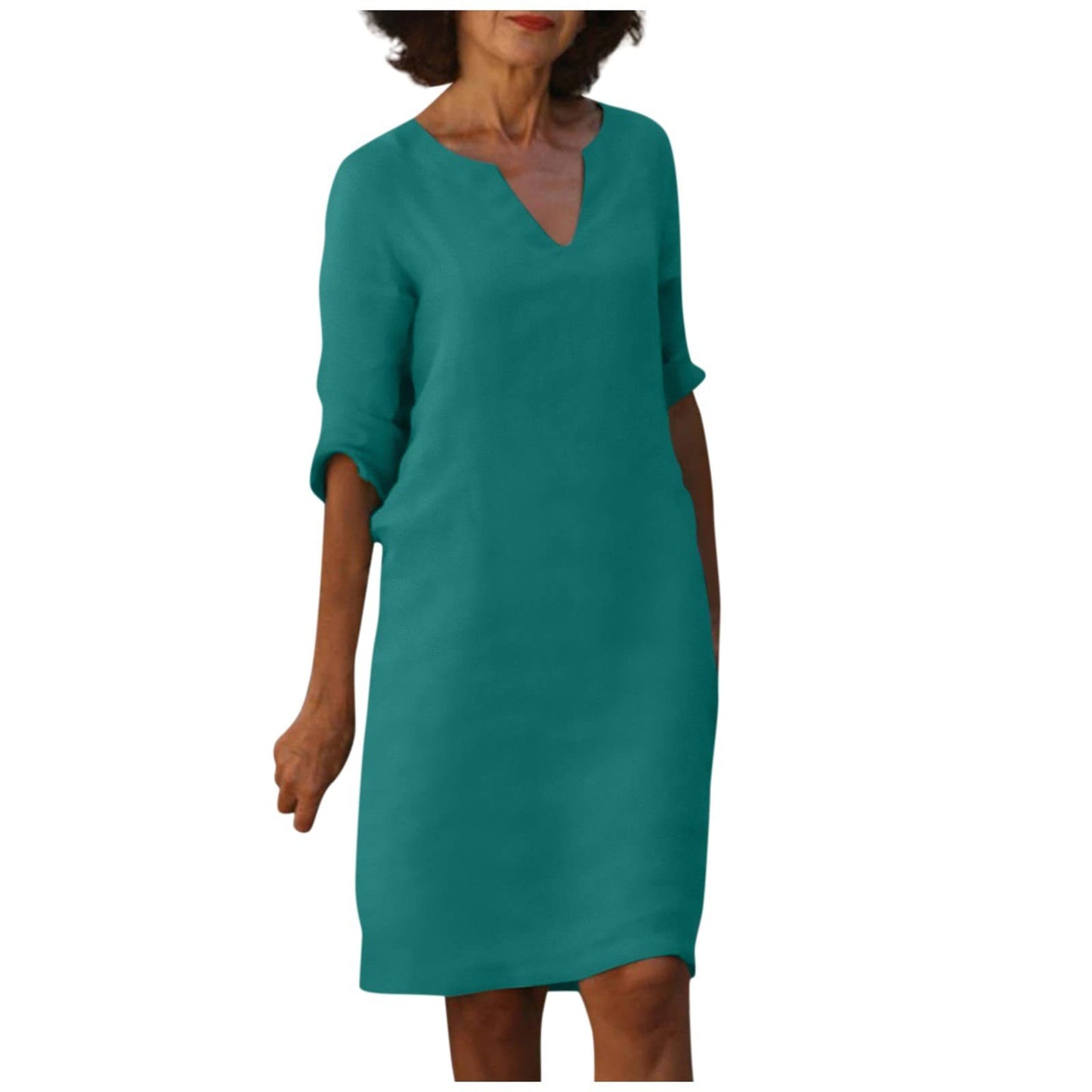 Damen Kleid aus Baumwolle und Leinen mit V-Ausschnitt und hoher Taille, Retro-Stil, reine Farbe, 34 Ärmel