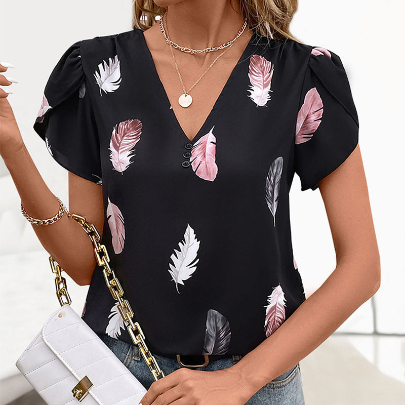 Lässiges V-Ausschnitt Shirt mit Federprint für Damen