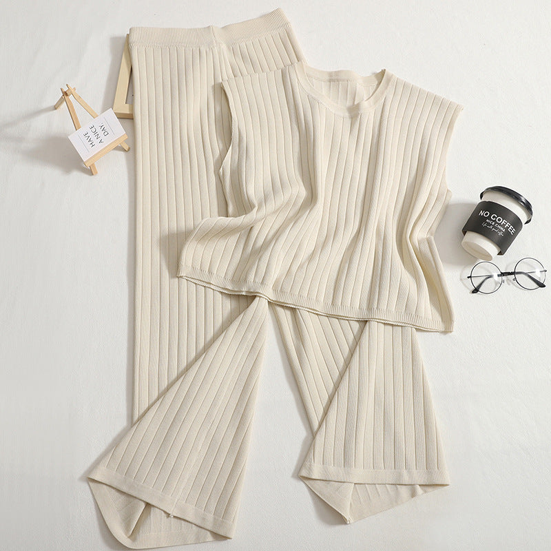 Women Knitted Suit Solid Color Sleeveless Vest with High Waist Wide Leg Pants Two Piece Set