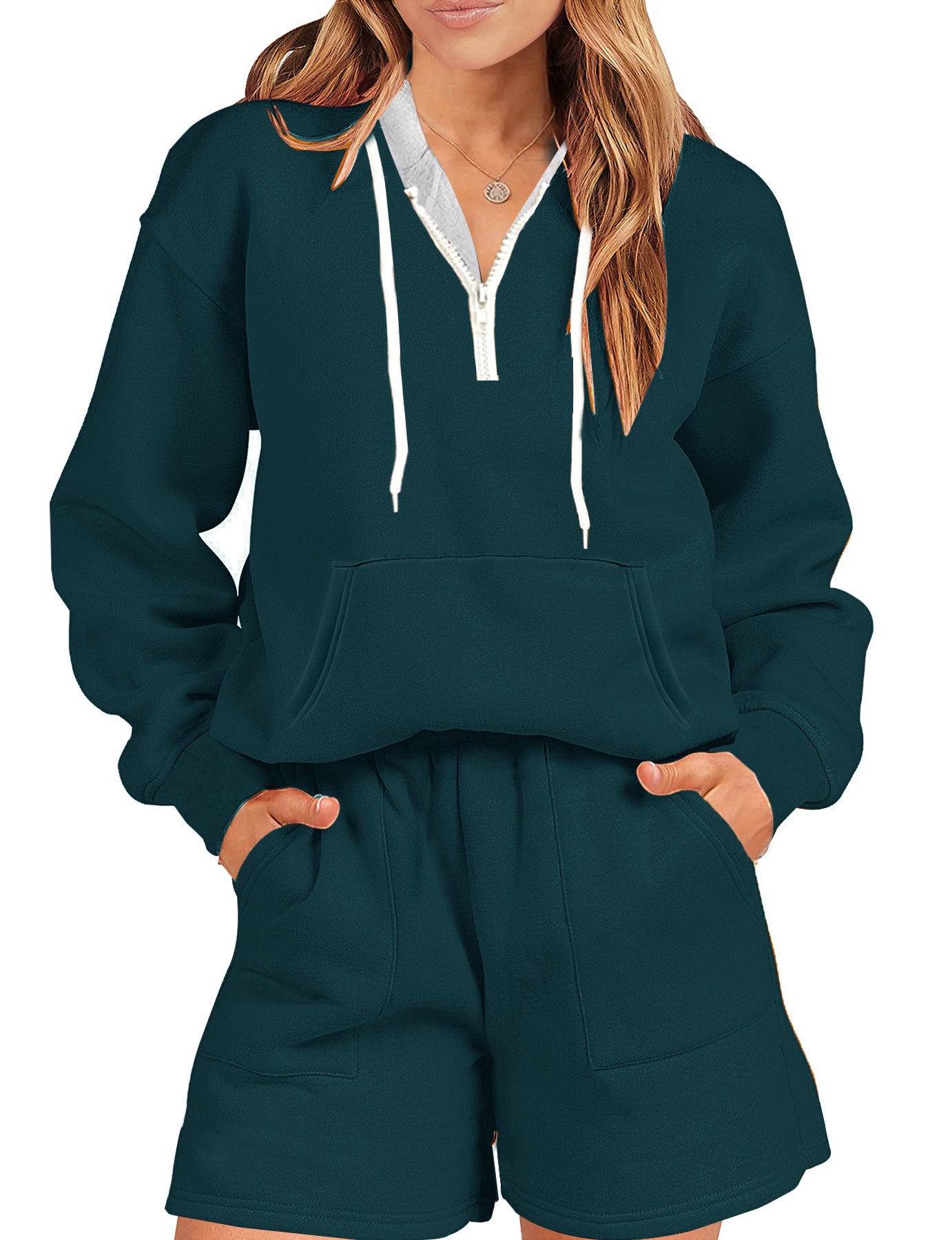 Damen Sport-Stil Fleece und Shorts Anzug zu Hause zweiteiliges Set