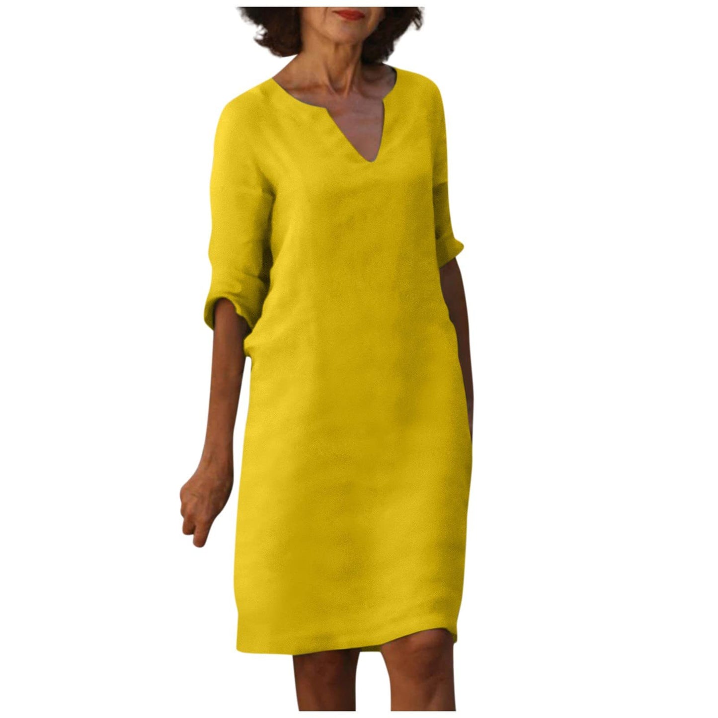 Damen Kleid aus Baumwolle und Leinen mit V-Ausschnitt und hoher Taille, Retro-Stil, reine Farbe, 34 Ärmel
