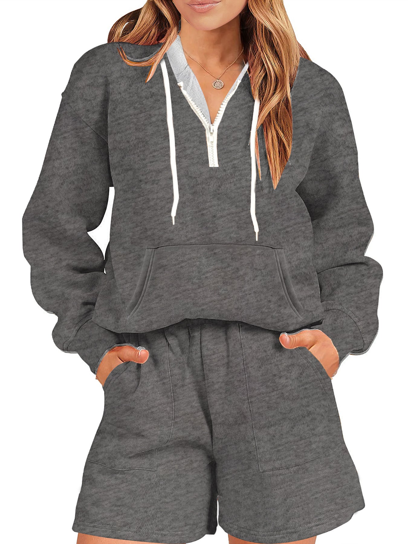 Damen Sport-Stil Fleece und Shorts Anzug zu Hause zweiteiliges Set