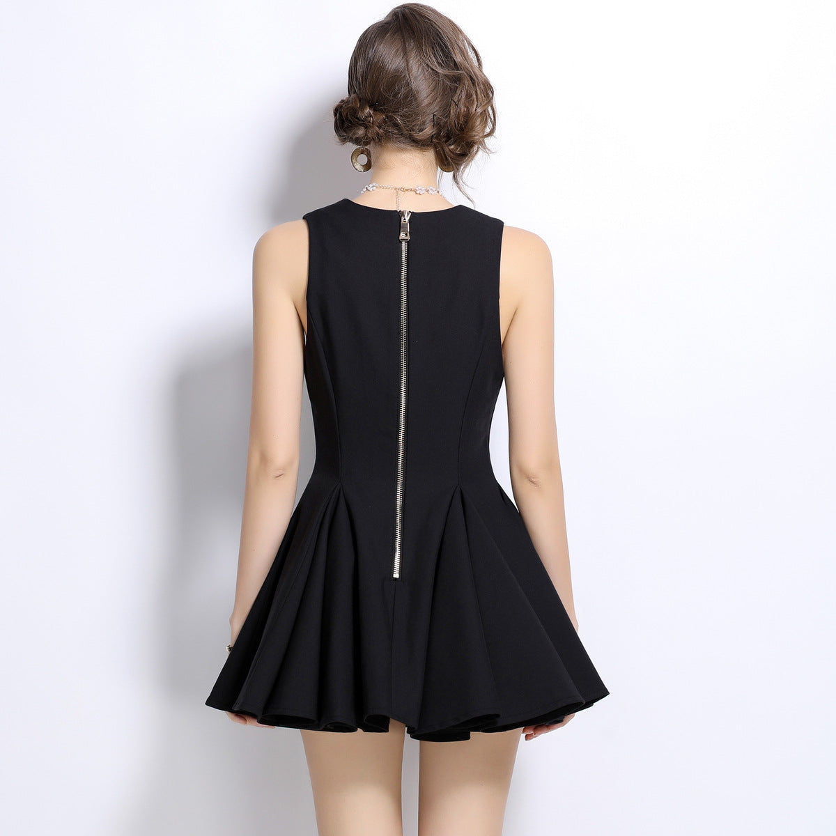 Women's Slim-fit High-grade V-neck Black Sleeveless A- Line Dress