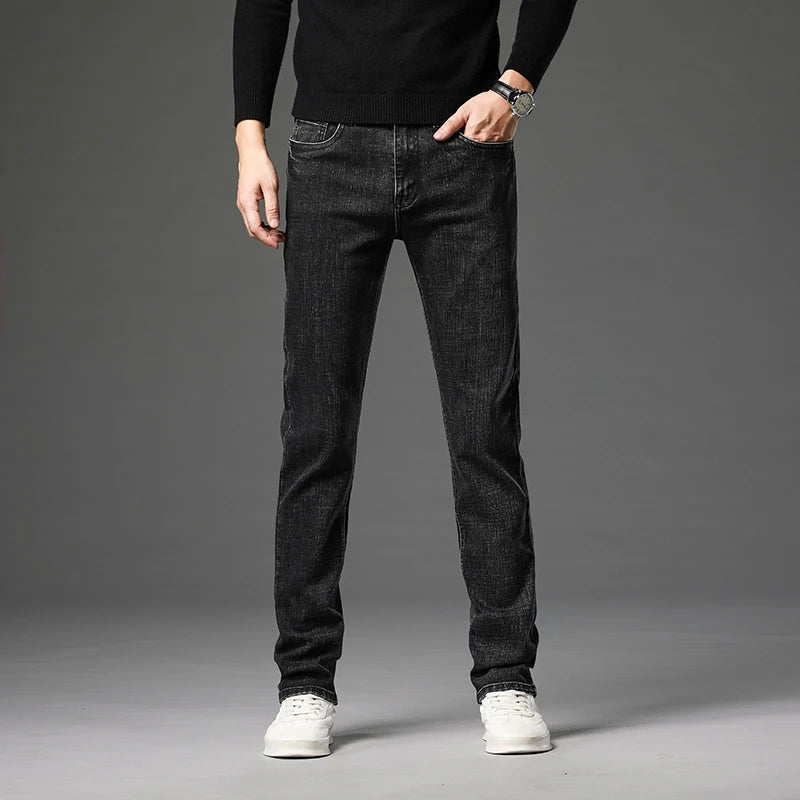 Herren Baumwolle Stretch Slim Jeans Straight Version Business Fashion Denim Hose Vintage Blau Markenhose Schwarz
