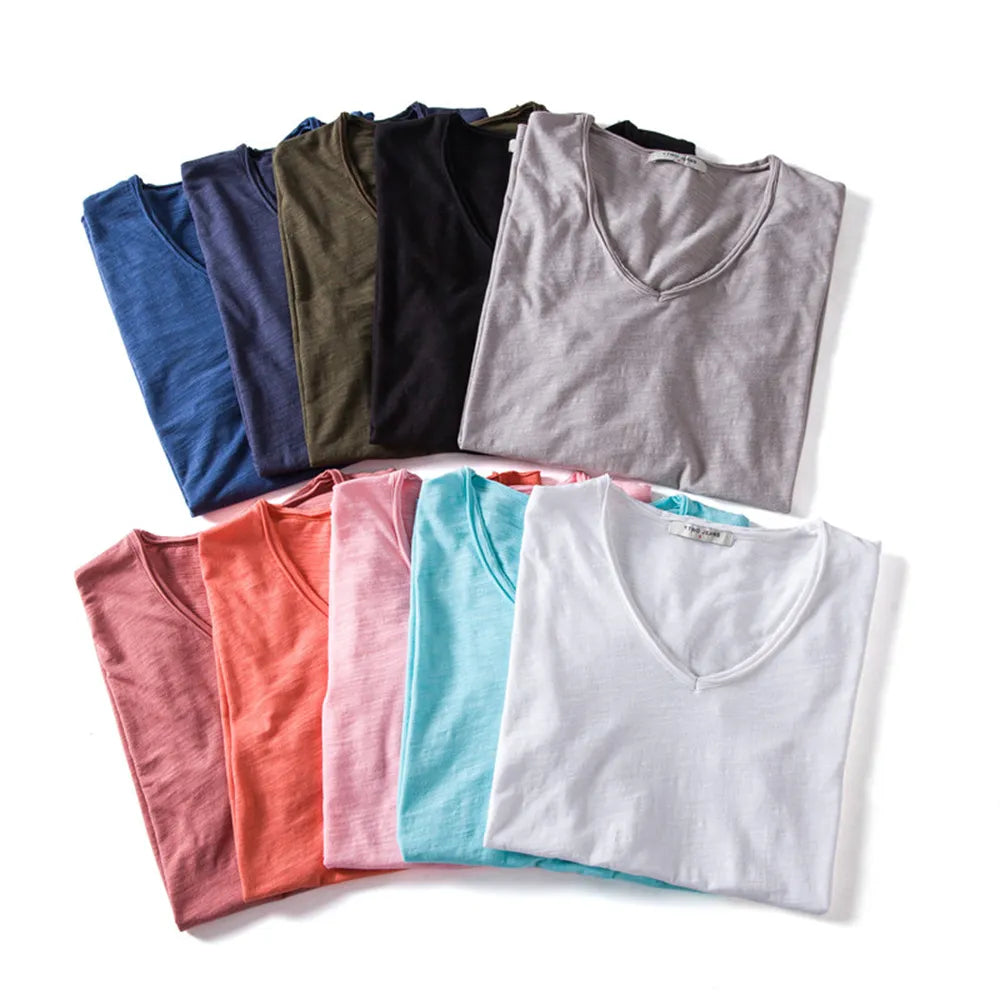 Herren-Shirt AIOPESON 100 % Baumwolle Herren-T-Shirt mit V-Ausschnitt, modisches Design, schmale Passform, Soild-T-Shirts, männliche Tops, T-Shirts, kurzärmeliges T-Shirt für Männer