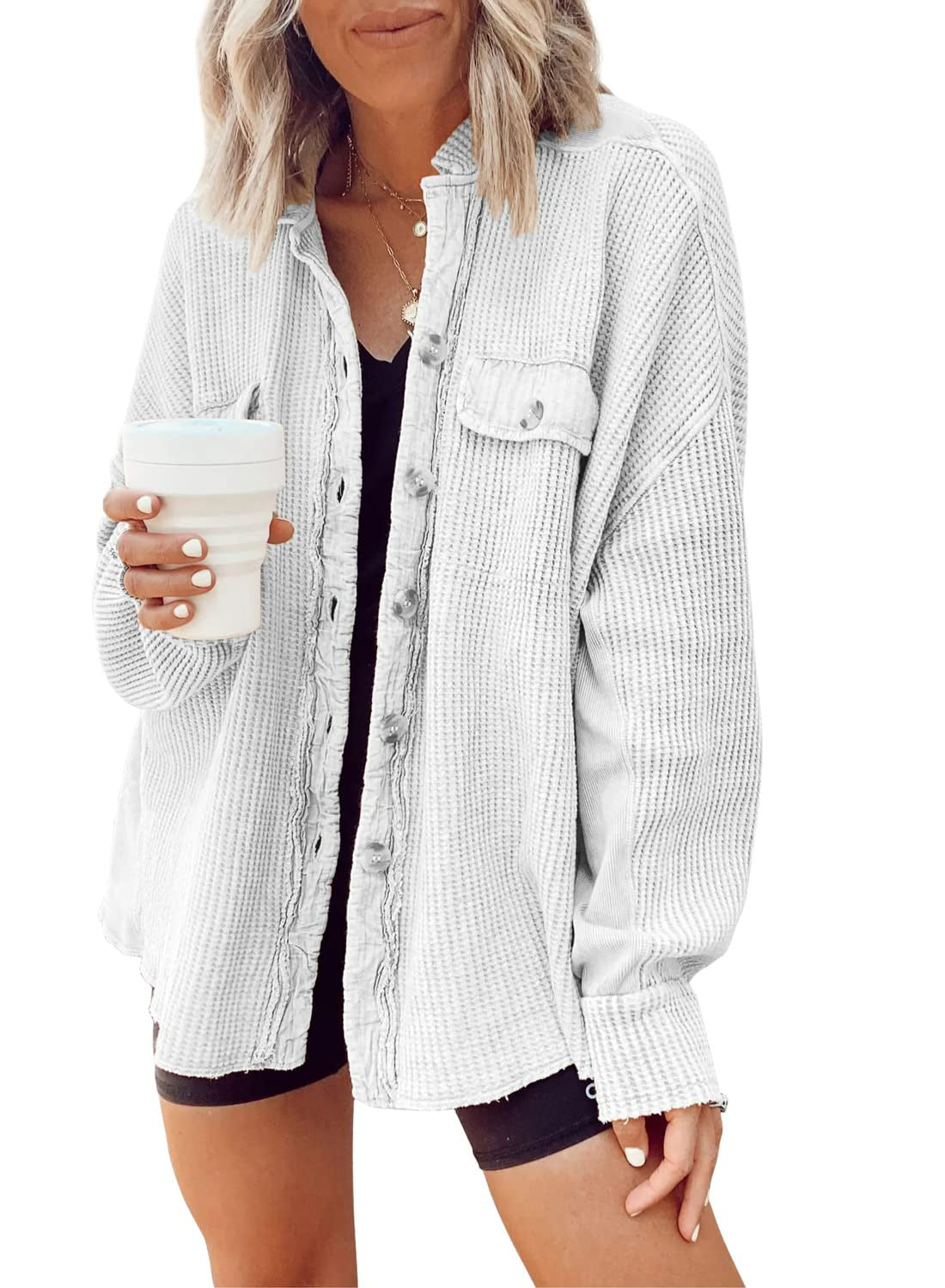 Women Button Shirt Jacke Damen Revers Langarm Bluse Mode Jacke Tops
