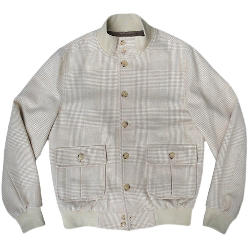 Herren Pilotenjacke Tweed Kurzer Schlanker Stehkragen Wollmantel