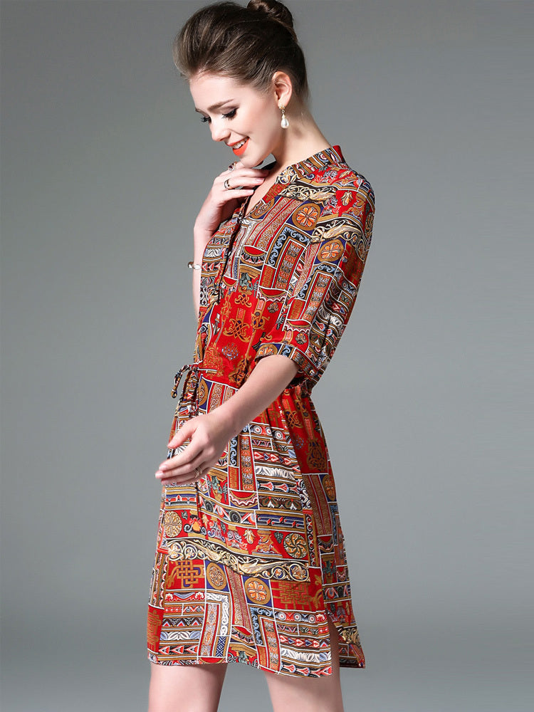Damen-Hemdkleid mit Vintage-Print und Nähten