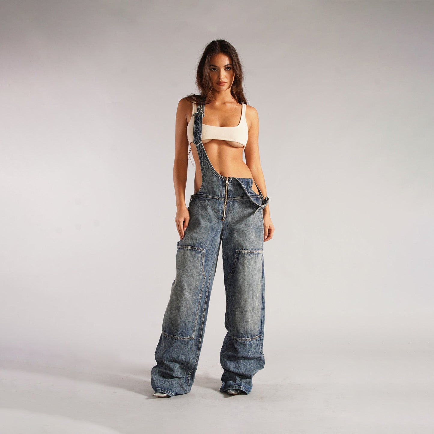 Damen Y2K Reißverschluss Denim Overalls mit Taschen Mode Loose Hosenträger Jumpsuit Streetwear