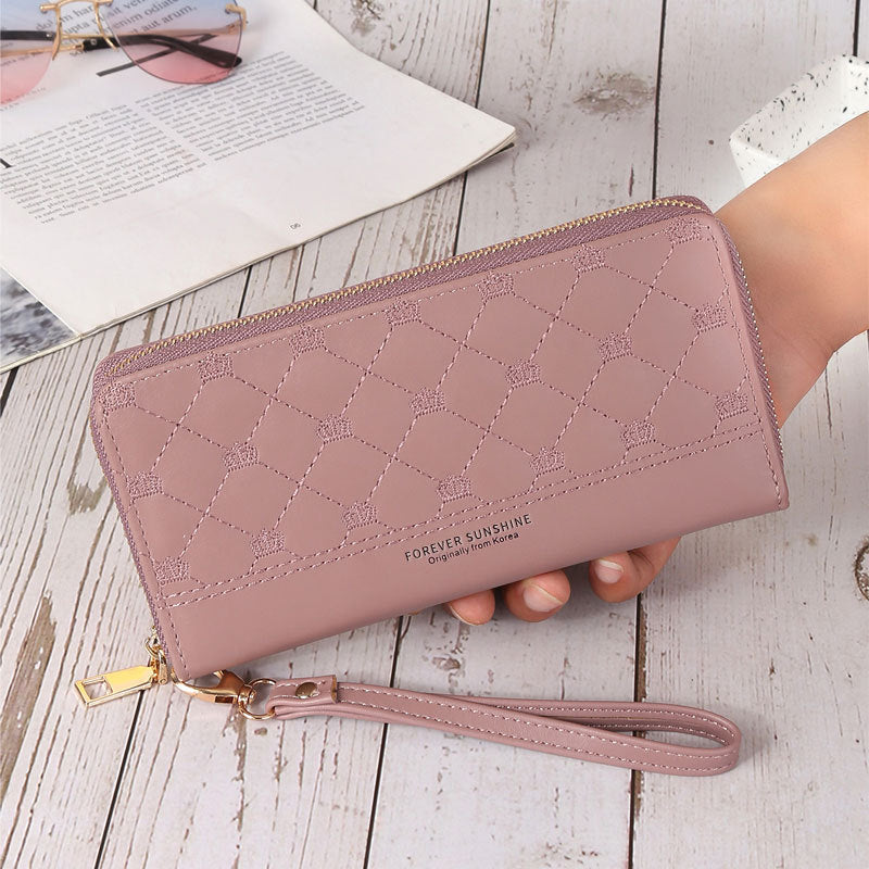 Women Long Crown Embroidery Thread Single Zip Clutch Wallet