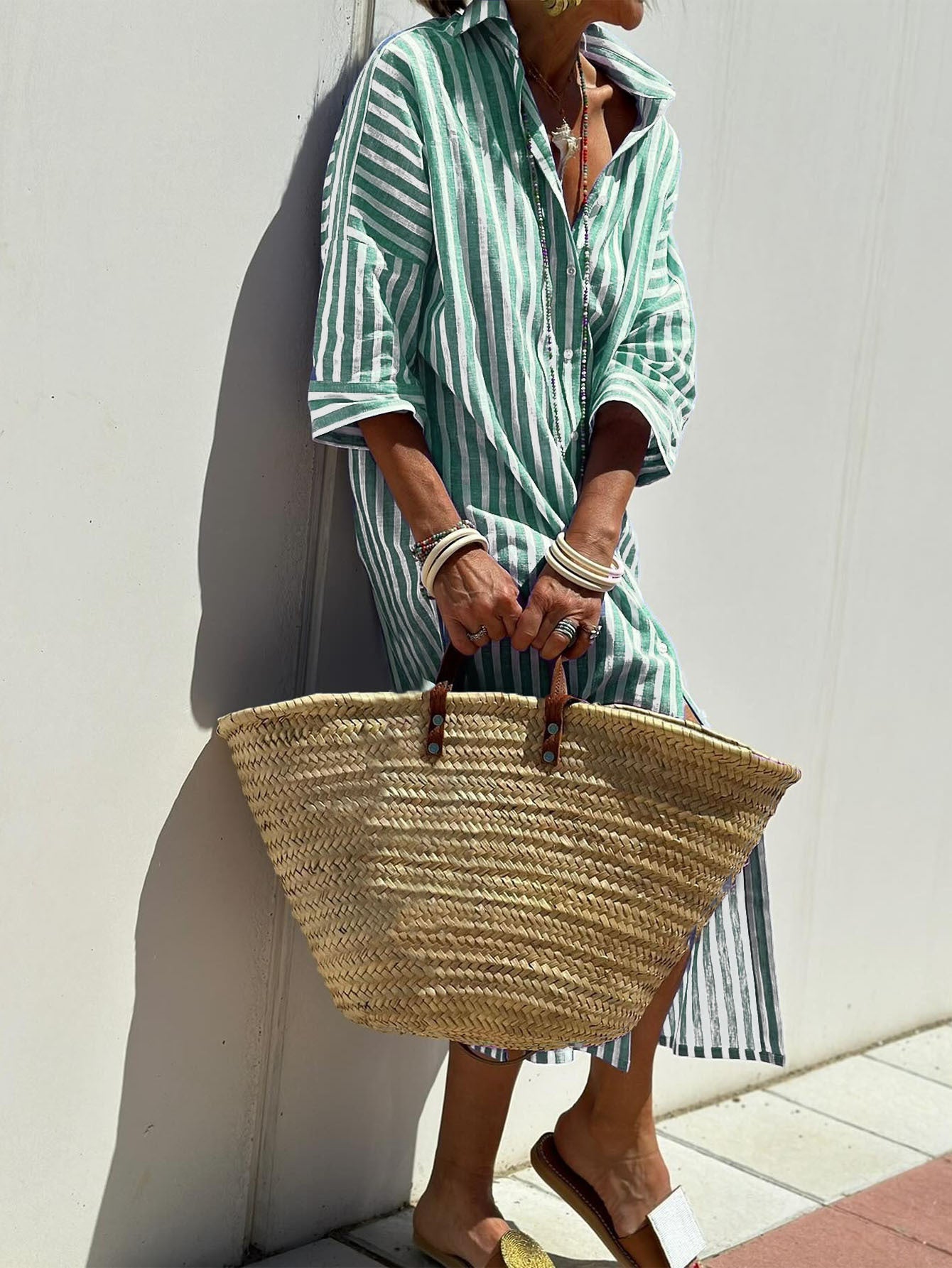 Women's Striped Shirt Dress With Belt Fashion Half-sleeved Lapel Button Cardigan Dresses