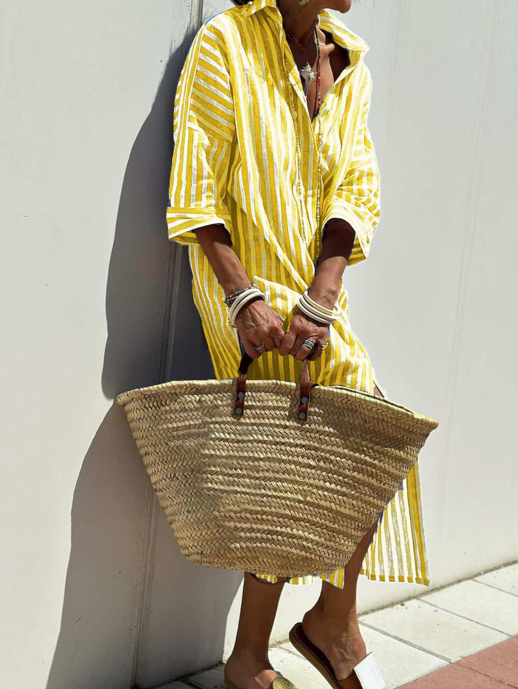 Women's Striped Shirt Dress With Belt Fashion Half-sleeved Lapel Button Cardigan Dresses
