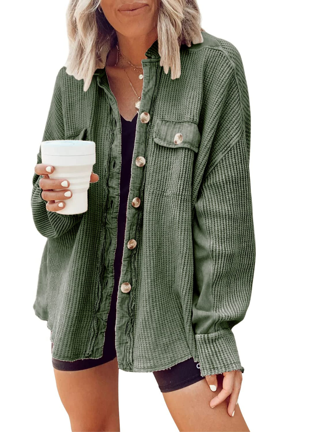 Women Button Shirt Jacke Damen Revers Langarm Bluse Mode Jacke Tops