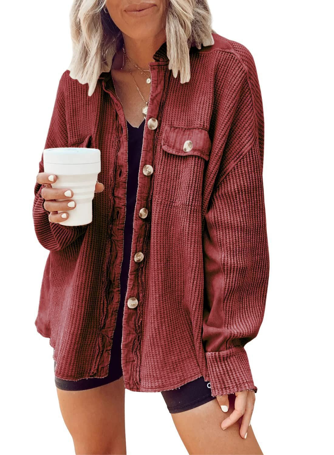 Women Button Shirt Jacke Damen Revers Langarm Bluse Mode Jacke Tops