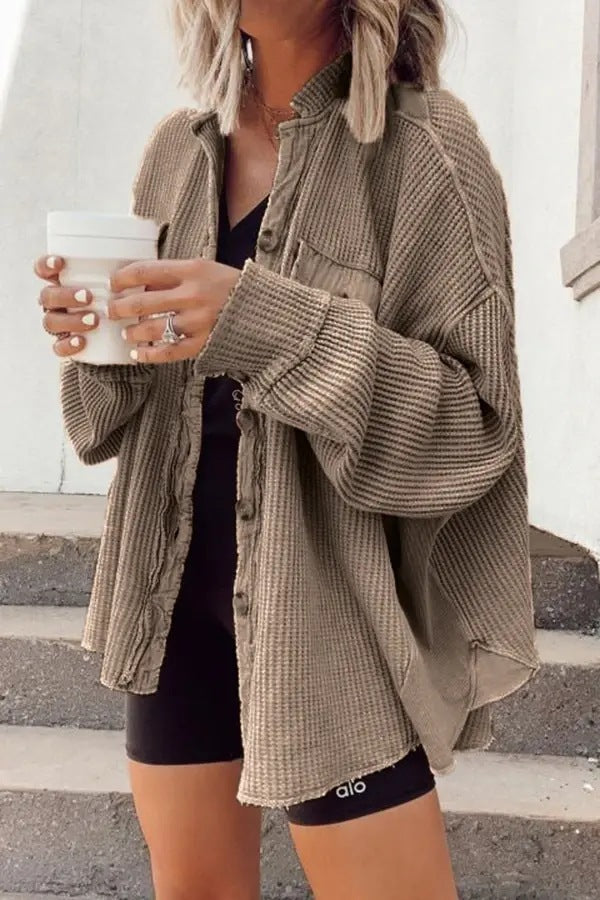 Women Button Shirt Jacke Damen Revers Langarm Bluse Mode Jacke Tops