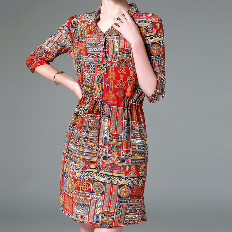 Damen-Hemdkleid mit Vintage-Print und Nähten