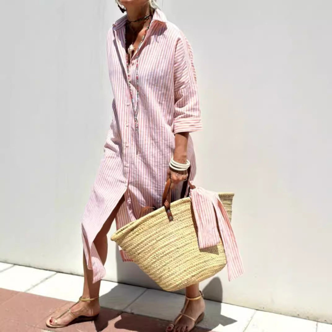 Women's Striped Shirt Dress With Belt Fashion Half-sleeved Lapel Button Cardigan Dresses