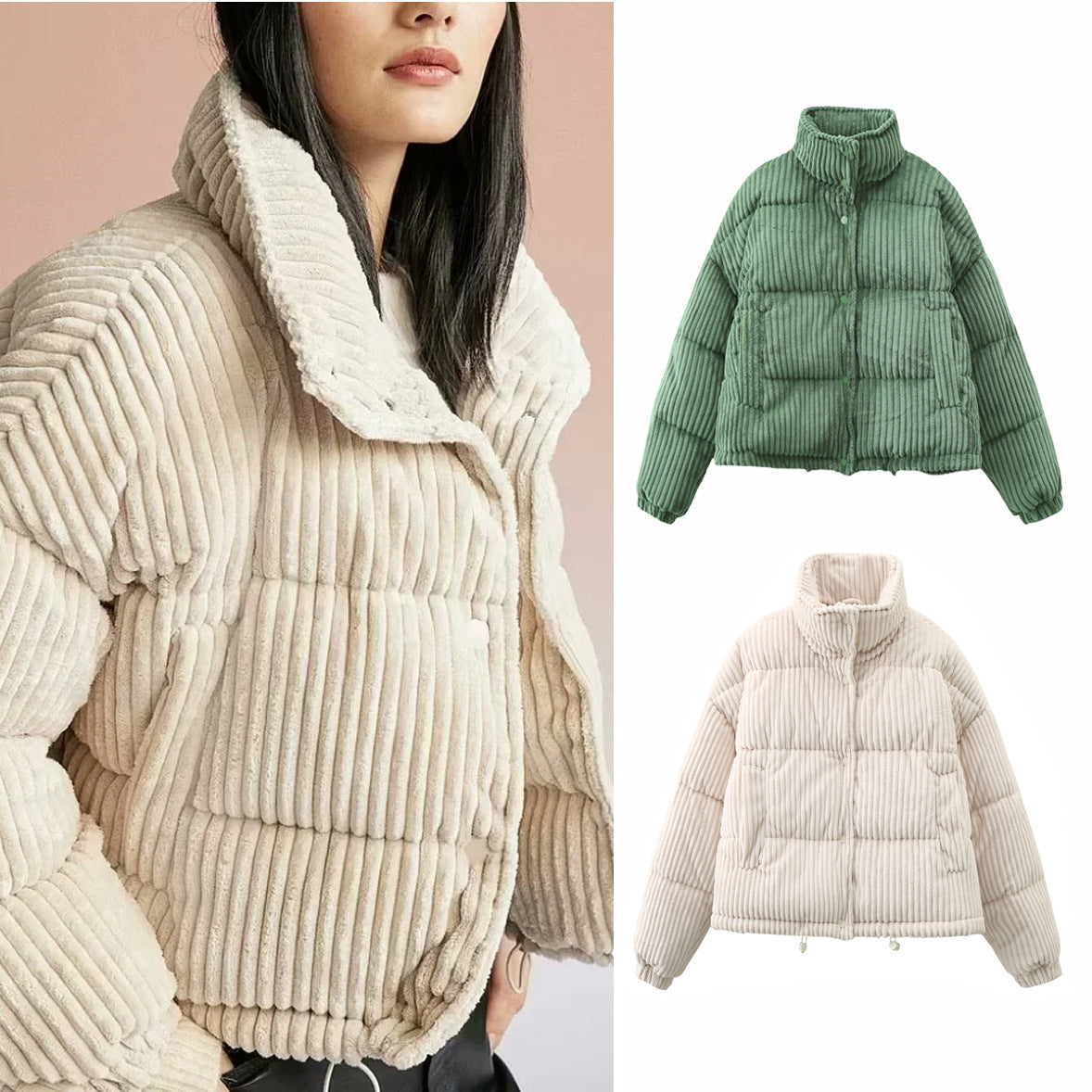 Damen Warm Cord Puffer Jacke Mantel Kurzer lockerer Baumwollmantel