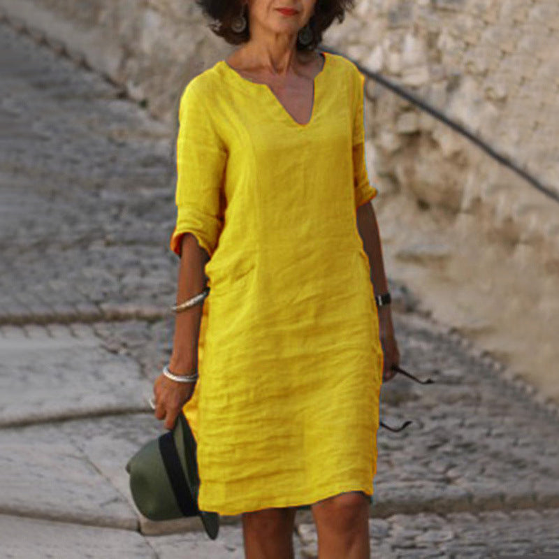 Damen Kleid aus Baumwolle und Leinen mit V-Ausschnitt und hoher Taille, Retro-Stil, reine Farbe, 34 Ärmel