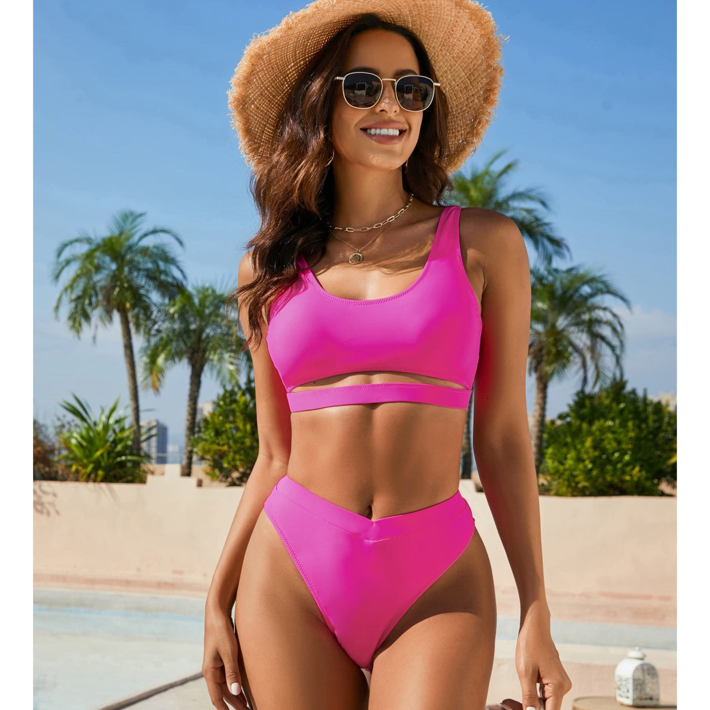 Damen Beauty Back Triangel-Bikini aus Nylon mit hoher Taille und einfarbig