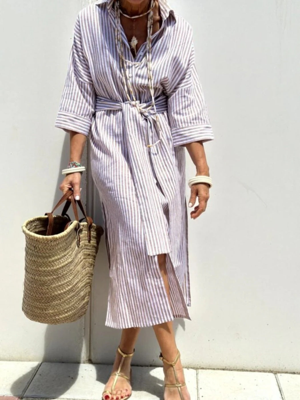 Women's Striped Shirt Dress With Belt Fashion Half-sleeved Lapel Button Cardigan Dresses