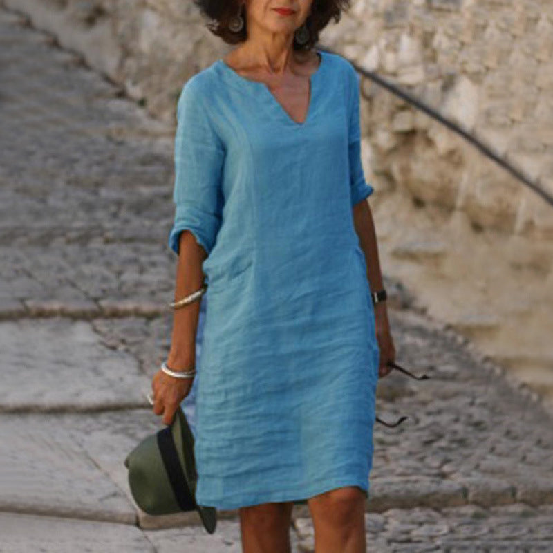 Damen Kleid aus Baumwolle und Leinen mit V-Ausschnitt und hoher Taille, Retro-Stil, reine Farbe, 34 Ärmel