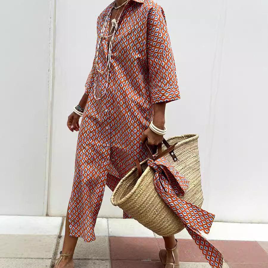 Women's Striped Shirt Dress With Belt Fashion Half-sleeved Lapel Button Cardigan Dresses