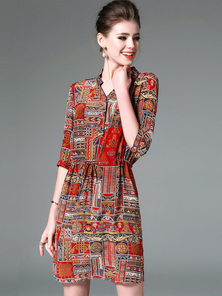Damen-Hemdkleid mit Vintage-Print und Nähten