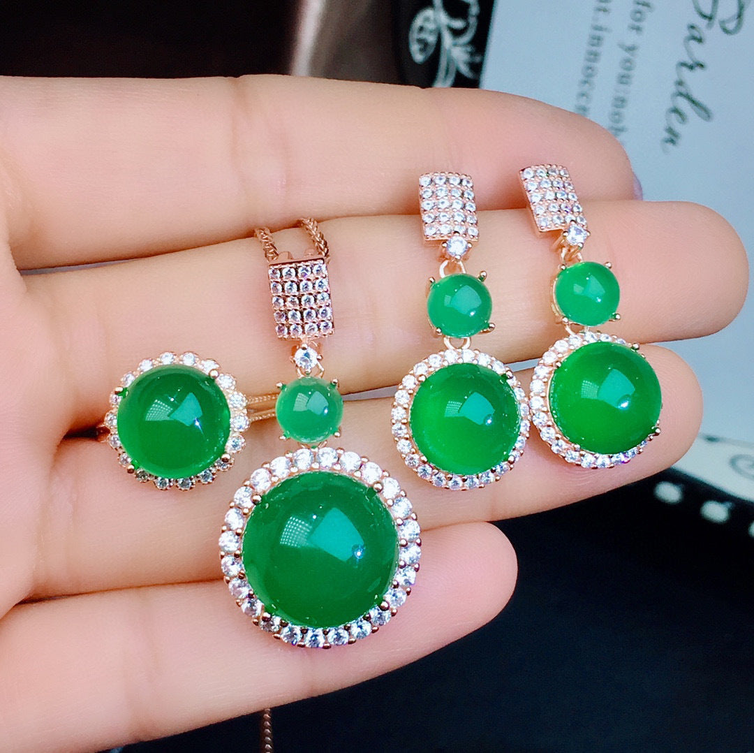 Schmuck Set aus natürlichem grünem Chalcedon und eisgrünem Kristall