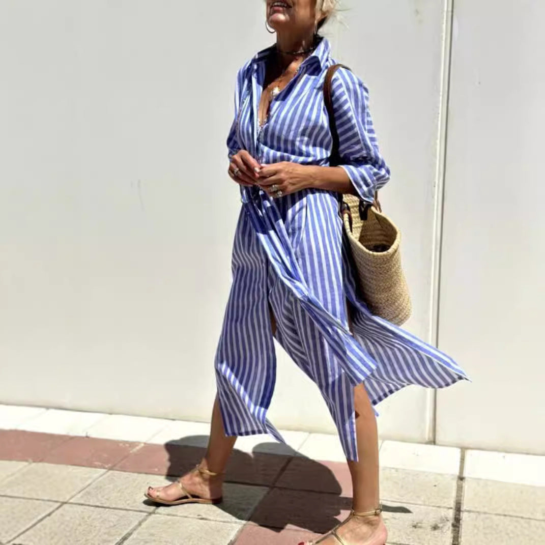 Women's Striped Shirt Dress With Belt Fashion Half-sleeved Lapel Button Cardigan Dresses