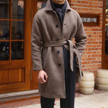 Herren Mittellanger Vintage Wollmantel mit Schultereinsatz