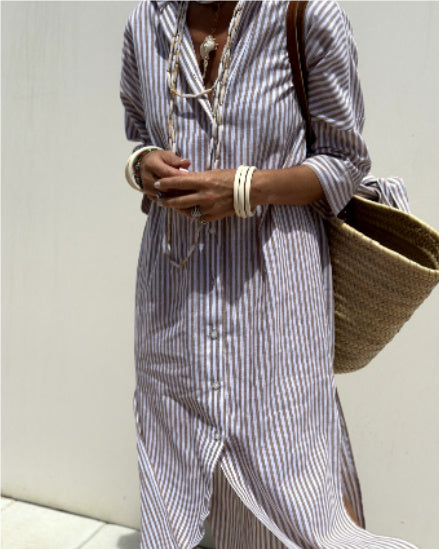 Women's Striped Shirt Dress With Belt Fashion Half-sleeved Lapel Button Cardigan Dresses