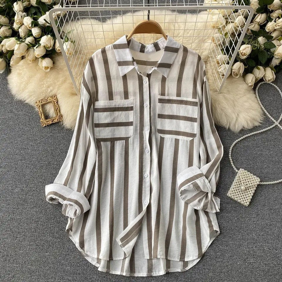 Women's Mid-length Vertical Stripes Multi-color Shirt Coat Casual Loose Top