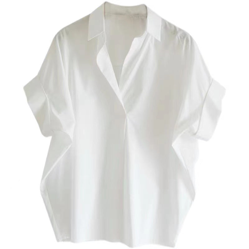 Women's Summer Cotton White Shirt Loose Batwing Sleeve Collar Shirt
