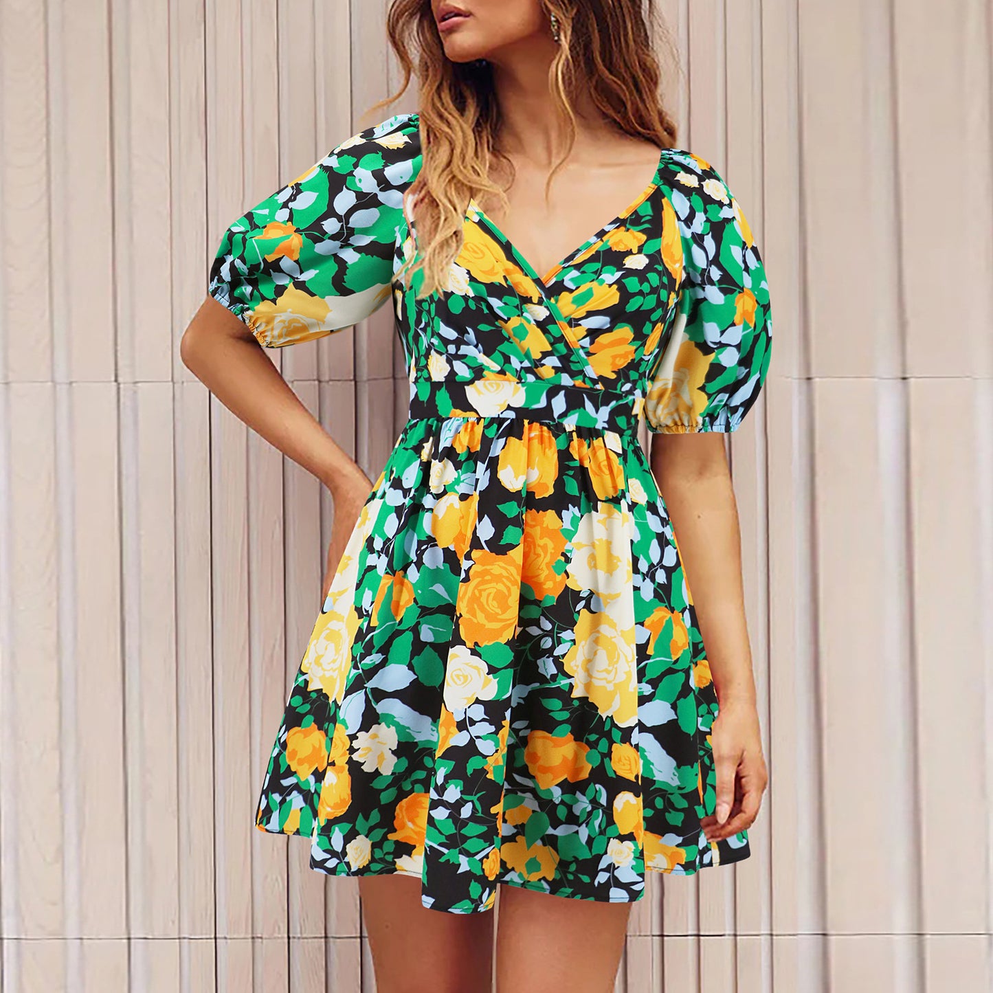 Women floral print V-neck lantern sleeve dress Y2K summer beachwear