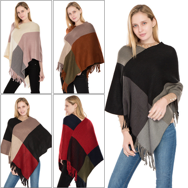 Women's Color Matching Knitted Warm Shawl European And American Autumn And Winter