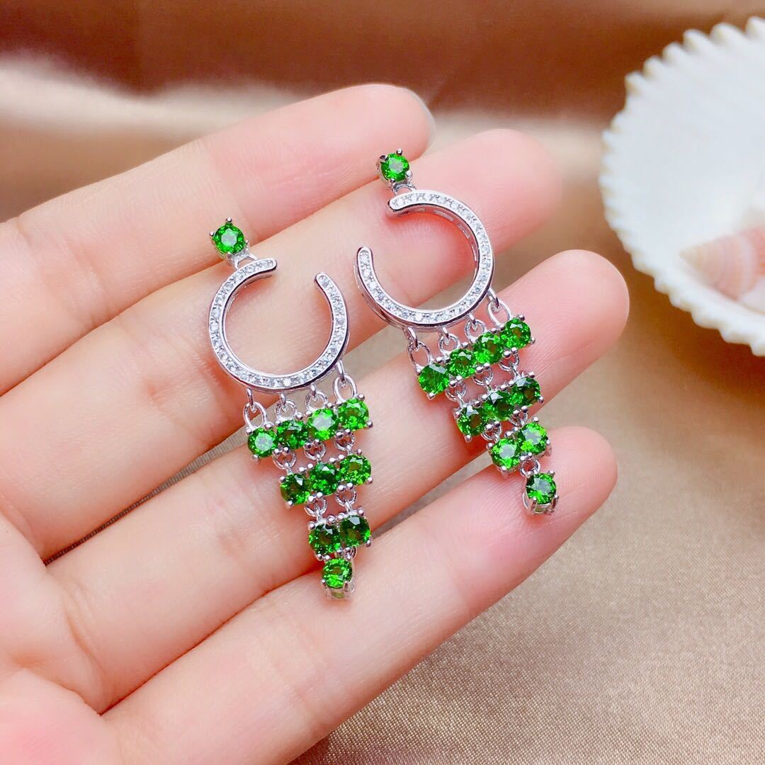 Women's Natural Russian Diopside Earrings Crystal Transparent Full Body S925 Silver