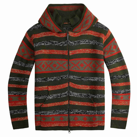 Men's Striped Classic Hooded Zipper Knit Cardigan