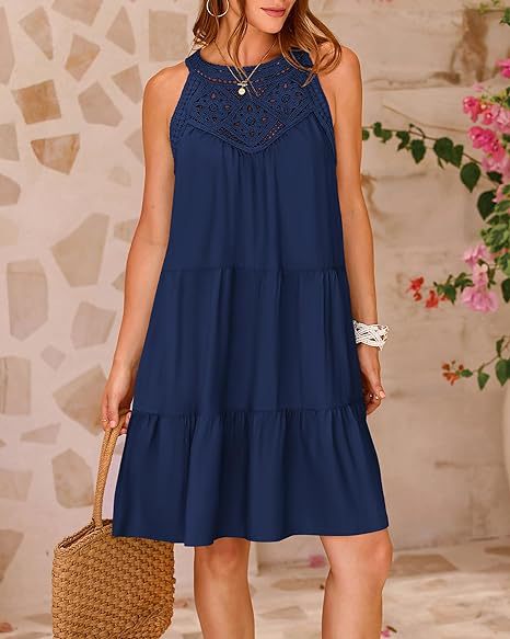 Women Summer A-Line Dress with Floral hollow lace design, Casual loose Vacation Beach Dress