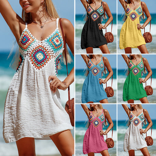 Women's Summer Sleeveless Dress Bohemia Stitching Colorful Pattern V-neck Hollow Beach Dress