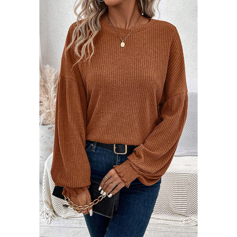 Women Solid Color Drop-shoulder Long-sleeve T-shirt Casual Loose Bottoming Shirt