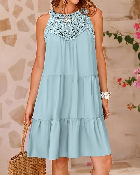 Women Summer A-Line Dress with Floral hollow lace design, Casual loose Vacation Beach Dress