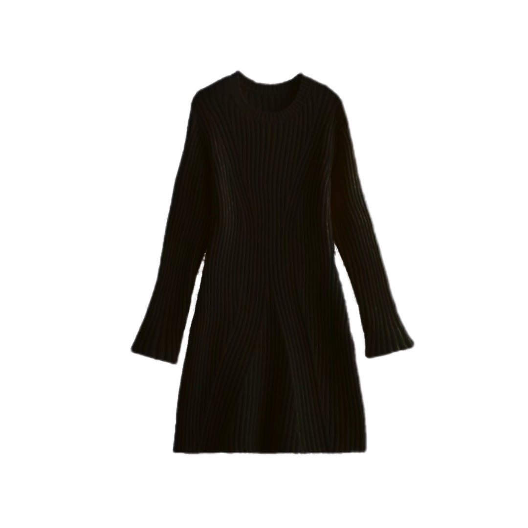 Women's Fashion Solid Ribbed Knitted Dress Fall And Winter Slim-fit Stand-up Collar A-line Dressed