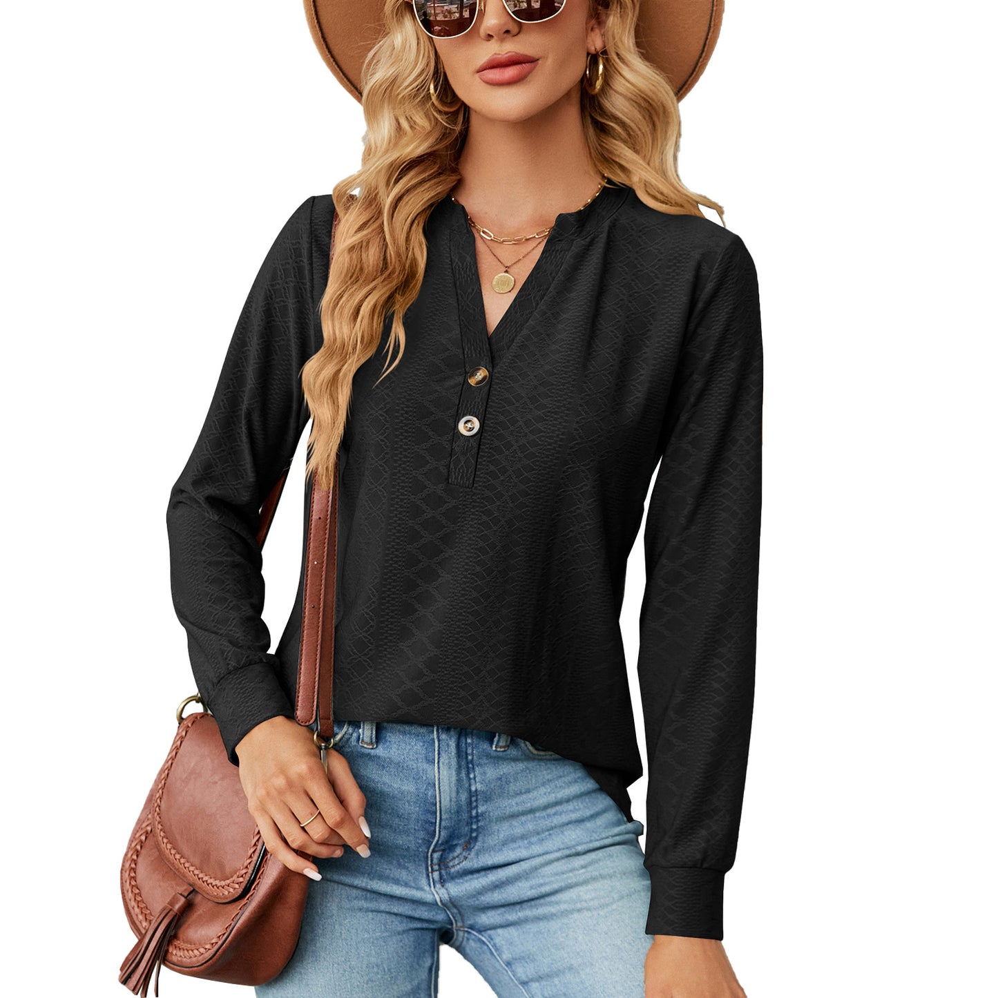 Women's Solid Color And V-neck Button Jacquard Loose Long Sleeve Top