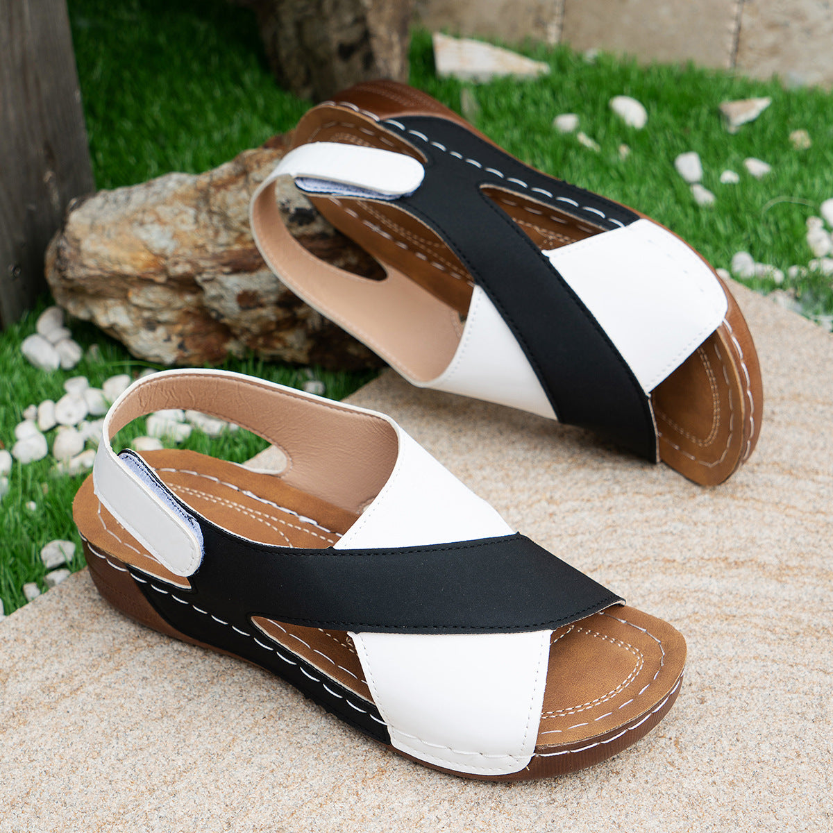 Women's summer wedge sandals with color block cross-strap design casual with thick soles