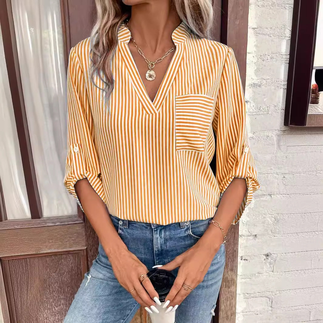 Women's V Neck Striped Printed Long Sleeve Casual Shirt