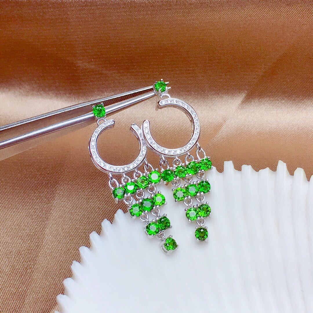 Women's Natural Russian Diopside Earrings Crystal Transparent Full Body S925 Silver