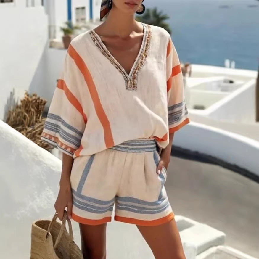 Streifen-Print-Set mit V-Ausschnitt, bestehend aus Top und Shorts für Damen